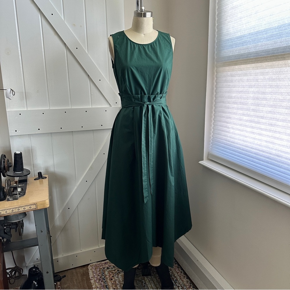 Green Box Pleated Waist, Handkerchief Hem Cotton Poplin Dress